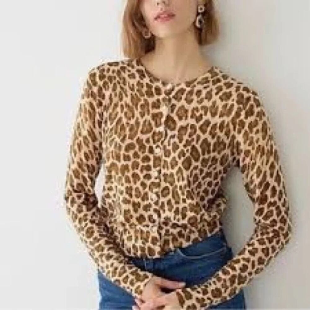 J. crew Leopard Print 100% Merino Wool Button-Down Cardigan Sweater